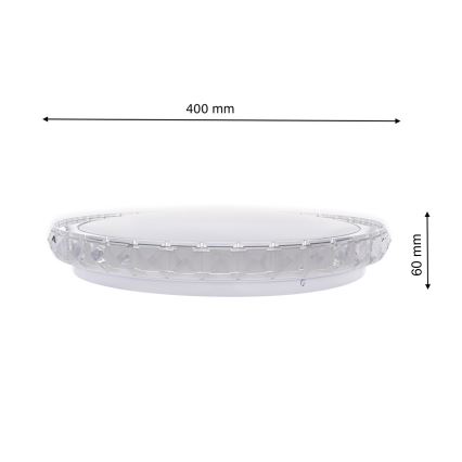 Okrúhle stropné svietidlo s priemerom 400 mm a výškou 60 mm, s kryštálovým lemom, je zobrazené na bielom pozadí.