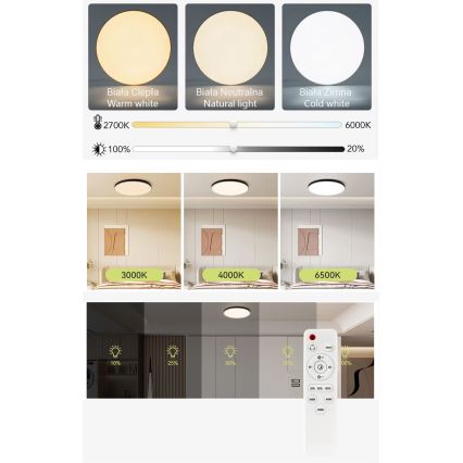 LED Stmievateľné stropné svietidlo LED/50W/230V 3000-6500K pr. 50 cm čierna + diaľkové ovládanie