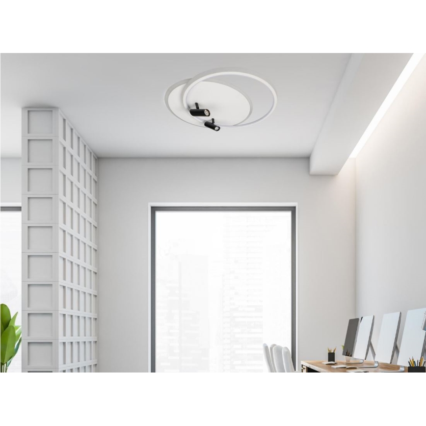 Svietidlo s dvoma smerovými bodovými svetlami je pripevnené k stropu. Nachádza sa v svetlej miestnosti s oknom a pracovnou plochou s počítačmi. Stena má dekoratívny mriežkový prvok.