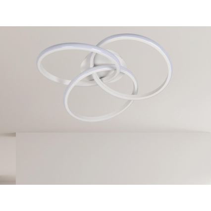 Svietidlo s prepletenými bielymi kruhmi je pripevnené na svetlom strope. Kruhy sú osvetlené vnútorným svetlom. Svietidlo je v interiéri.
