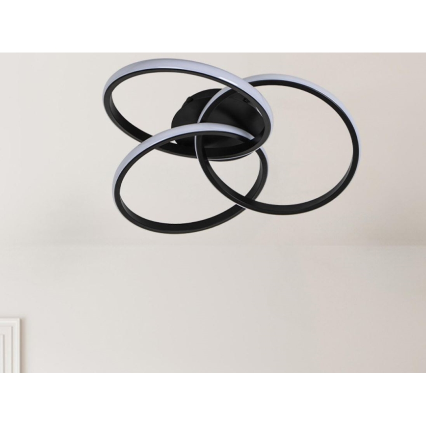 Moderné stropné svietidlo s tromi prepletenými čiernymi kruhmi obsahujúcimi LED osvetlenie je pripevnené k svetlej stene.