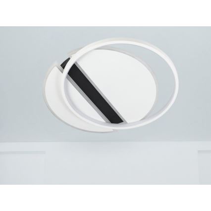 Svietidlo je pripevnené na svetlom strope. Skladá sa z dvoch prekrývajúcich sa bielych kruhov a jedného čierneho pásu medzi nimi. Svietidlo je umiestnené v svetlej miestnosti.