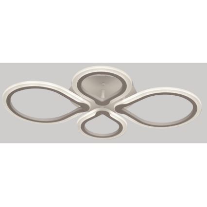 Svietidlo svieti na sivom pozadí. Má tvar štyroch prepletených oválnych prvkov, svetlošedá vnútorná časť je osadená v bielom ráme.