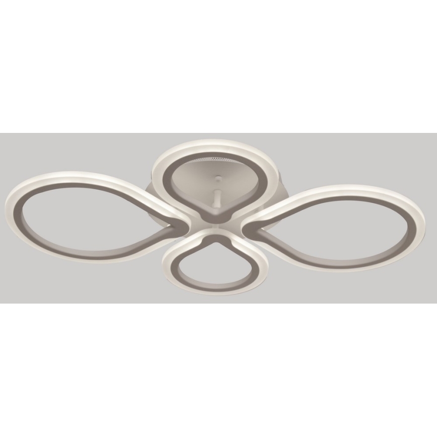 Svietidlo svieti na sivom pozadí. Má tvar štyroch prepletených oválnych prvkov, svetlošedá vnútorná časť je osadená v bielom ráme.