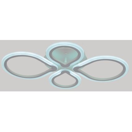 Svetlo s tvarom štyroch prepojených oválov visí na svetlom sivom pozadí. Svetlo je svetlomodré s tmavšími šedými okrajmi.
