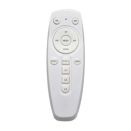 Biely diaľkový ovládač s tlačidlami ON, OFF, UP, DOWN, RESET, WW, WH, NIGHT, ASSIST, L1, L2, L3 a WW/WW/ALL, je na bielom pozadí.