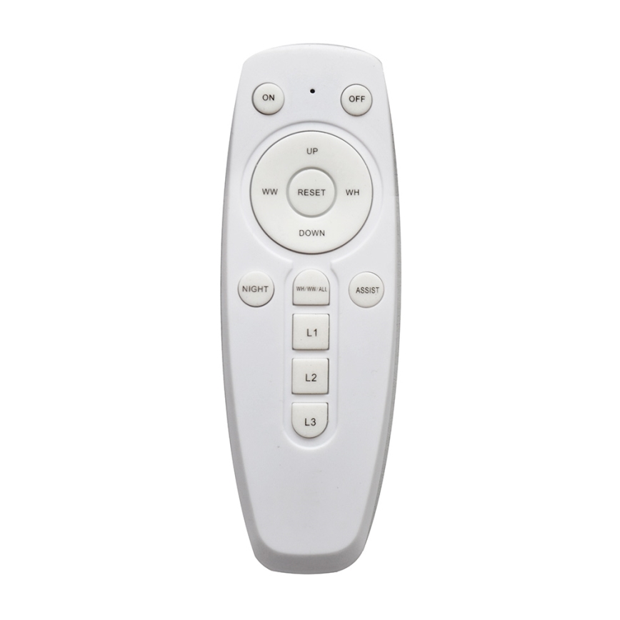 Biely diaľkový ovládač s tlačidlami ON, OFF, UP, DOWN, RESET, WW, WH, NIGHT, ASSIST, L1, L2, L3 a WW/WW/ALL, je na bielom pozadí.