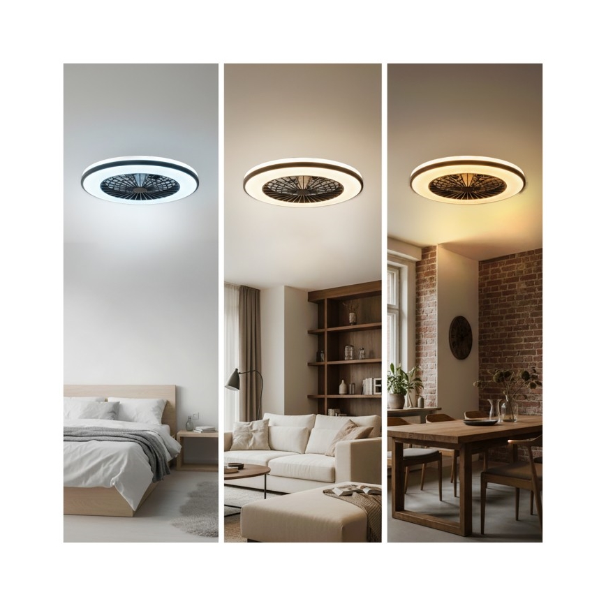 Stmievateľné LED stropné svietidlo s ventilátorom VENTELUX LED/48W/230V 3000/4000/6500K pr. 48,5 cm čierne + diaľkové ovládanie