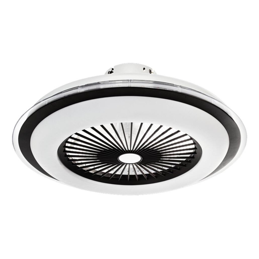 Stropný ventilátor s integrovaným osvetlením je zavesený. Ventilátor má čierne lopatky a biely okraj s LED osvetlením. Je zobrazený na bielom pozadí.