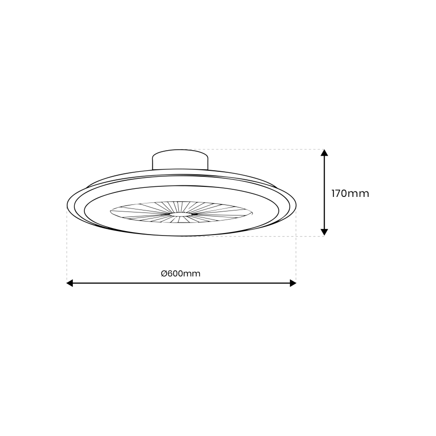 Stropný ventilátor s priemerom 600 mm a výškou 170 mm je zobrazený zhora. Ventilátor má kruhový tvar s viditeľnými lopatkami. Schéma ukazuje rozmery.