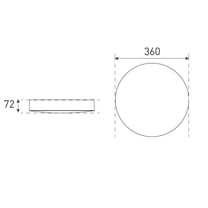 Technický výkres zobrazuje kruhový stropný svietidlo. Rozmery sú: priemer 360 mm a výška 72 mm. Svietidlo je znázornené v bočnom a čelnom pohľade.