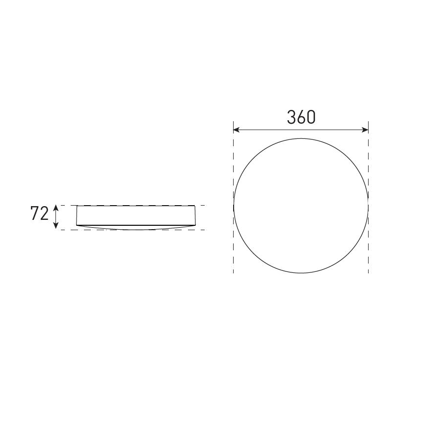 Technický výkres zobrazuje kruhový stropný svietidlo. Rozmery sú: priemer 360 mm a výška 72 mm. Svietidlo je znázornené v bočnom a čelnom pohľade.