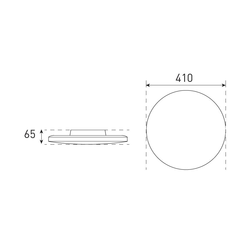 Kruhové svietidlo s priemerom 410 mm a výškou 65 mm je zobrazené v technickom výkrese, ktorý ukazuje pohľad zhora a z boku.