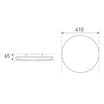 Technický výkres kruhového stropného svietidla s priemerom 410 mm a výškou 65 mm. Ukazuje pohľad zhora a z boku.