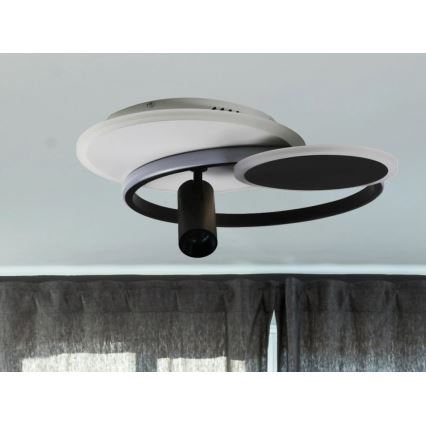 Moderné stropné svietidlo svieti v interiéri. Svietidlo pozostáva z kruhového rámu s dvoma oválnymi difúzormi (biely a tmavosivý) a zaveseným bodovým svetlom. Svietidlo je namontované na svetlom strope nad tmavými závesmi.