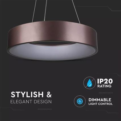 Stropné svietidlo s kruhovým tvarom, svieti, zavesené na strope. Je tmavohnedé s vnútorným bielym kruhom. Text uvádza: STYLISH & ELEGANT DESIGN, IP20 RATING, DIMMABLE LIGHT CONTROL.