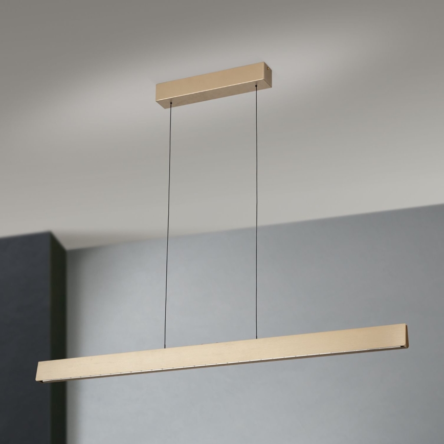 Dlhá zlatá obdĺžniková lampa visí zo stropu na dvoch tenkých kábloch. Je umiestnená v miestnosti s bledomodrou stenou.