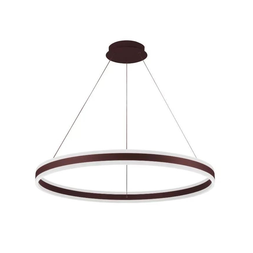 Svietidlo s okrúhlym tvarom visí zo stropu na tenkých kábloch. Svietidlo má tmavohnedý rám a vnútorné biele LED osvetlenie. Je umiestnené na bielom pozadí.