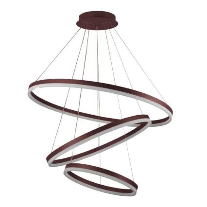 Hnedé LED lustre visí zo stropu. Skladá sa zo štyroch prekrývajúcich sa oválnych kruhov, ktoré vytvárajú špirálovitý tvar. Každý kruh je osvetlený vnútorným svetlom.