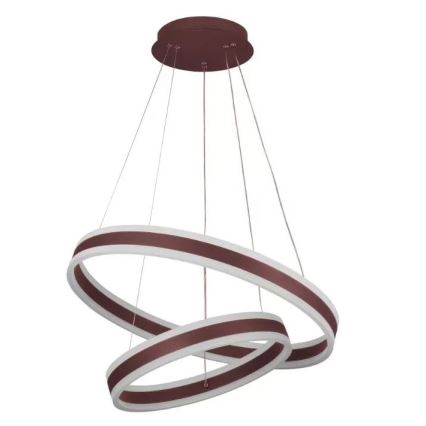 Hnedé stropné svietidlo s dvoma prekrývajúcimi sa kruhovými LED prvkami visí zo stropu na tenkých kábloch. Svietidlo má hnedý rám a biely vnútorný okraj.