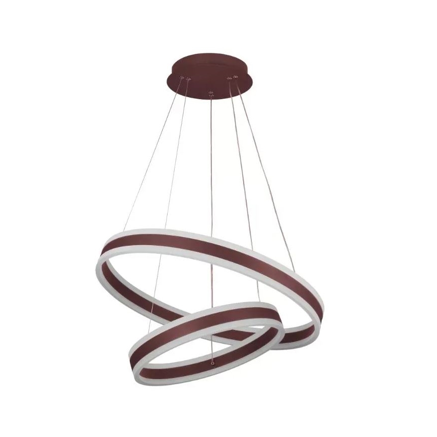 Hnedé stropné svietidlo s dvoma prekrývajúcimi sa kruhovými LED prvkami visí zo stropu na tenkých kábloch. Svietidlo má hnedý rám a biely vnútorný okraj.