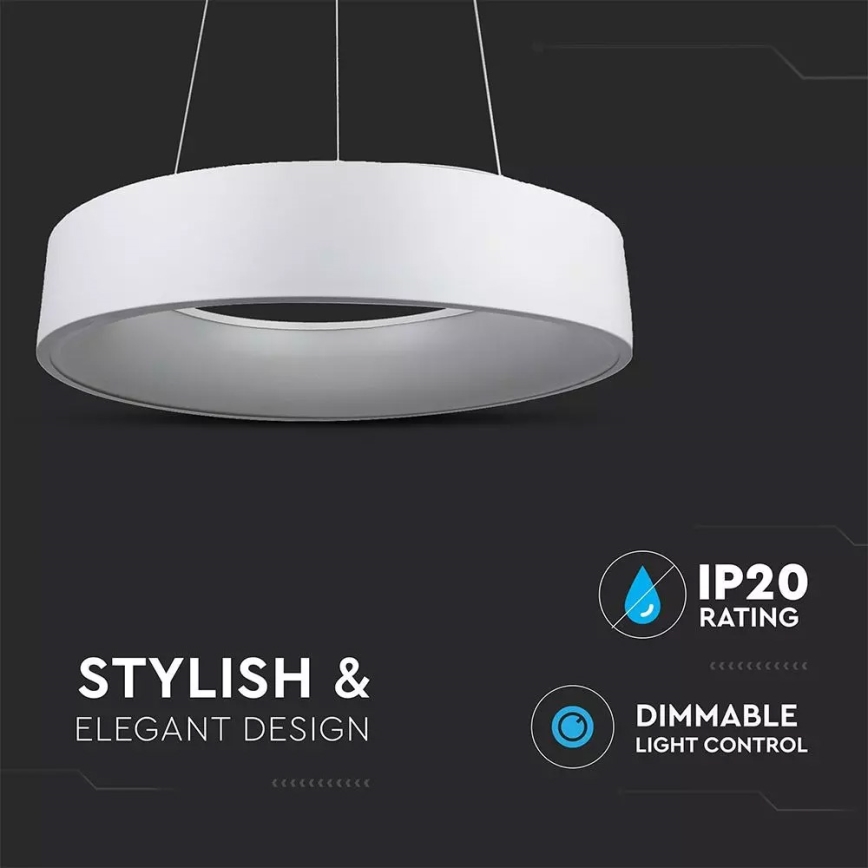 Biela kruhová lampa visí zhora. Lampa je stmievateľná s krytím IP20. Text pod lampou: STYLISH & ELEGANT DESIGN.
