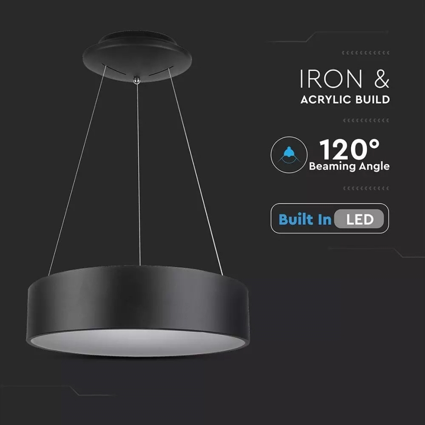 Závesné svietidlo s kruhovým tienidlom visí z čierneho stropného držiaku. Svietidlo má vstavané LED osvetlenie so 120° uhlom lúča. Konštrukcia je z železa a akrylu.
