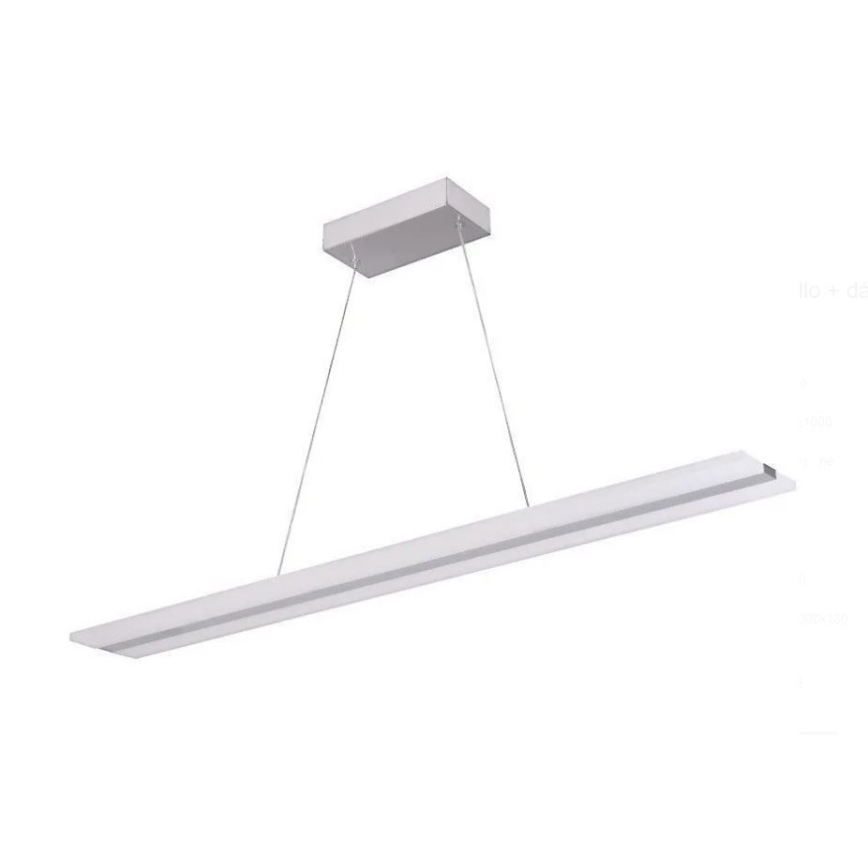 Dlhá štíhla LED lampa visí zo stropu na dvoch tenkých kábloch. Obdĺžniková kovová časť je pripevnená k stropu. Svetlo je v bielom obdĺžnikovom tvare s dvoma paralelnými drážkami.