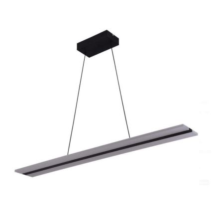 Dlhá, strieborná LED lampa visí z čierneho stropného držiaka na dvoch tenkých kábloch. Lampa je obdĺžnikového tvaru s vnútornou čiernou lištou. Bielom pozadí.