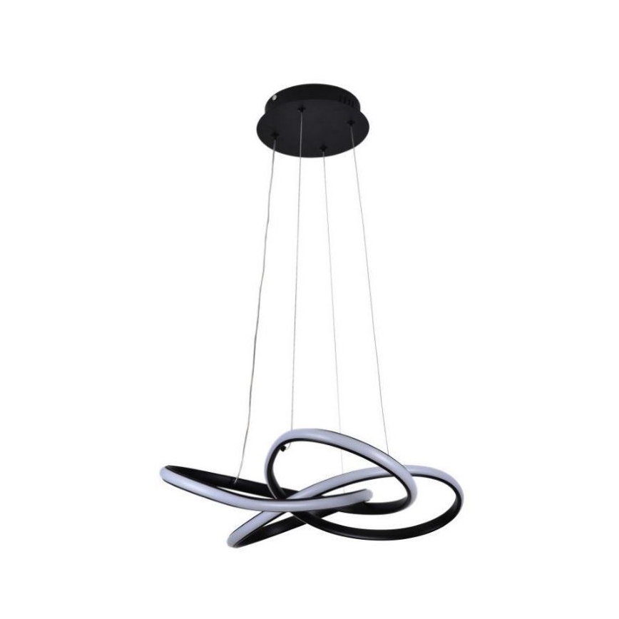 Závesné svietidlo s prepletenými čiernymi kruhmi a vnútorným LED osvetlením visí zo stropu na štyroch kábloch. Svietidlo je na bielom pozadí.