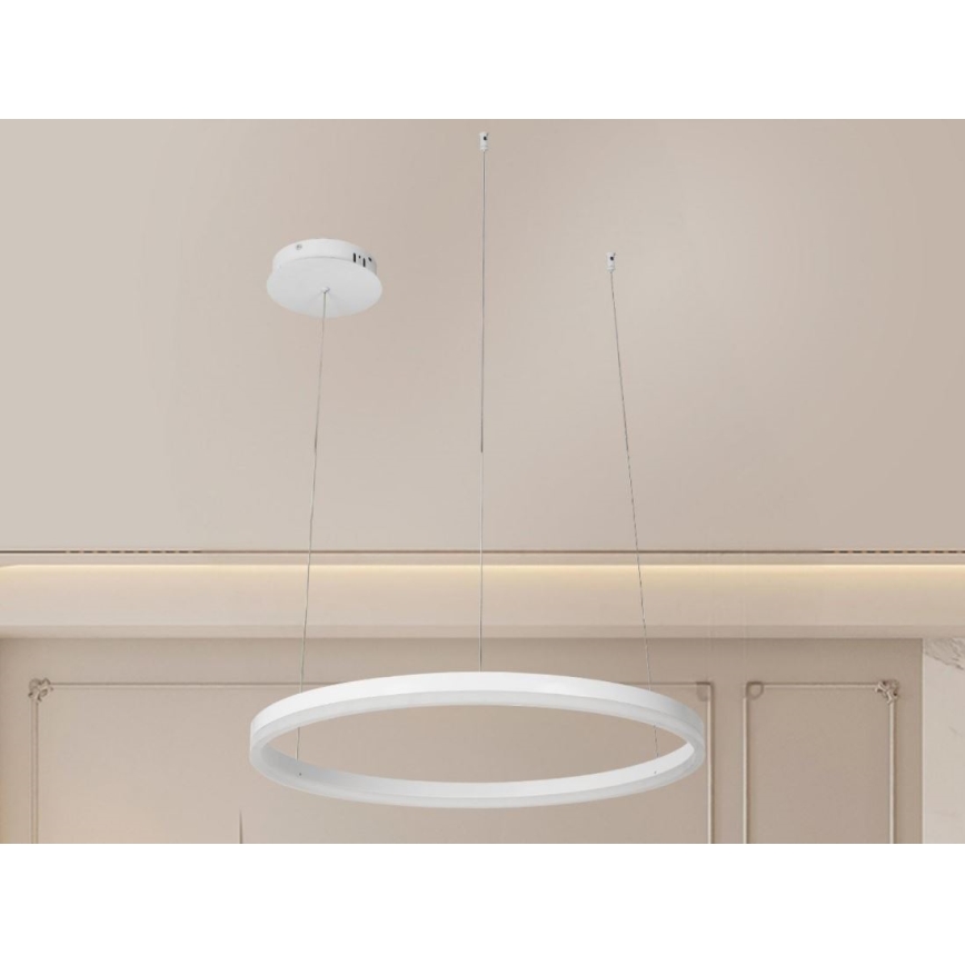 Biela kruhová lampa visí zo stropu na tenkých kábloch. Nad ňou sú pripevnené dva ďalšie, menšie biele kruhové elementy. Lampa je v svetlej miestnosti s jemnou výzdobou stien.