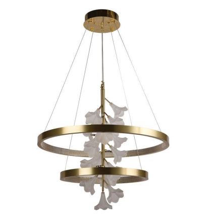 Zlatý závesný luster s dvoma kruhovými rámami a bielymi kvetmi z opálového skla visí zo stropu. Svetlá sú integrované do konštrukcie.