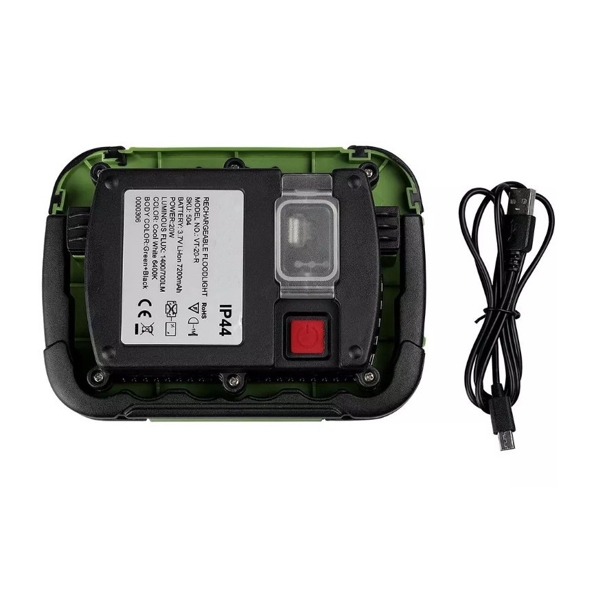LED Stmievateľný nabíjací reflektor SAMSUNG CHIP + funkcia SOS LED/20W/3,7V/USB IP44 4000K 7200 mAh zelená
