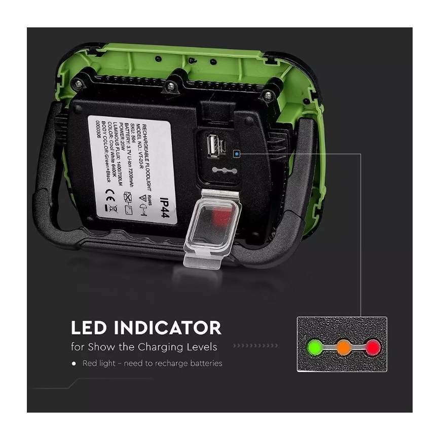 LED Stmievateľný nabíjací reflektor SAMSUNG CHIP + funkcia SOS LED/20W/3,7V/USB IP44 4000K 7200 mAh zelená