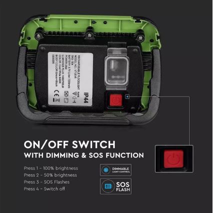 LED Stmievateľný nabíjací reflektor SAMSUNG CHIP + funkcia SOS LED/20W/3,7V/USB IP44 4000K 7200 mAh zelená