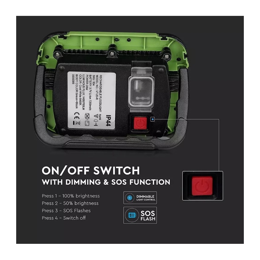 LED Stmievateľný nabíjací reflektor SAMSUNG CHIP + funkcia SOS LED/20W/3,7V/USB IP44 4000K 7200 mAh zelená