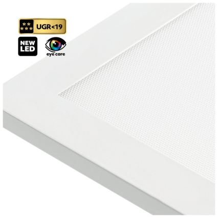 Biela LED panelová svietidlo s jemnou sieťovinou je zobrazené pod uhlom. Označenia: UGR19, NEW LED, eye care.