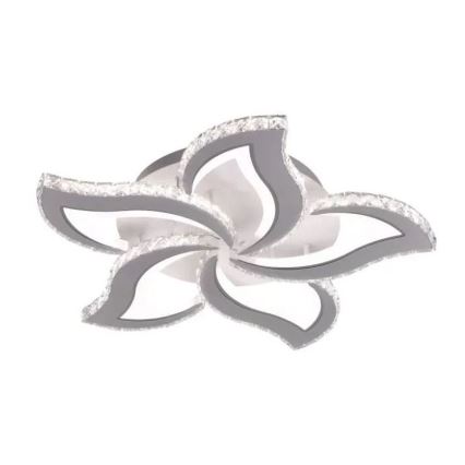 Svietidlo v tvare kvetu svieti. Je sivé, s krištáľovými detailmi a je určené na pripevnenie k stropu.