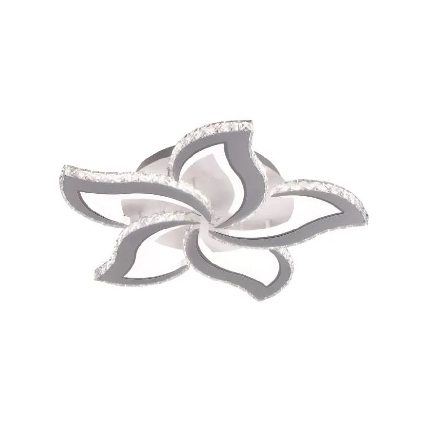 Svietidlo v tvare kvetu svieti. Je sivé, s krištáľovými detailmi a je určené na pripevnenie k stropu.