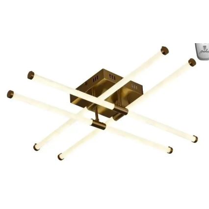 Svietidlo s piatimi valcovými LED svetlami zavesenými z štvorcovej mosadznej základne, ktoré vyžarujú svetlo. Základňa je pripevnená k stropu.