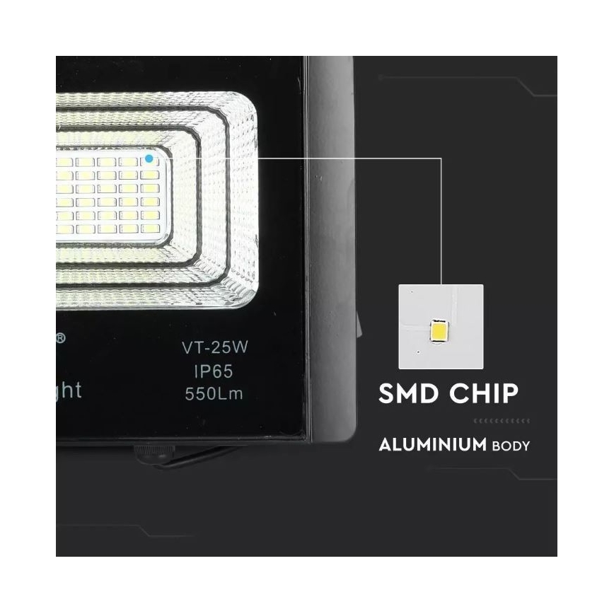 LED reflektor svieti. Má technické parametre VT-25W, IP65, 550Lm. Je vyrobený z hliníka a používa SMD čip.