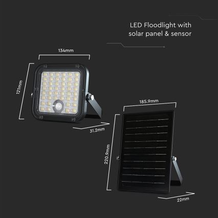 LED Stmievateľný solárny reflektor so senzorom LED/10W/3,7V 4000/6000K IP65 3600 mAh + diaľkové ovládanie