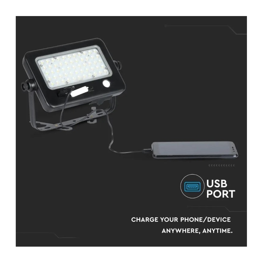 LED Stmievateľný solárny reflektor so senzorom LED/10W/3,7V 4000K IP65 + USB port