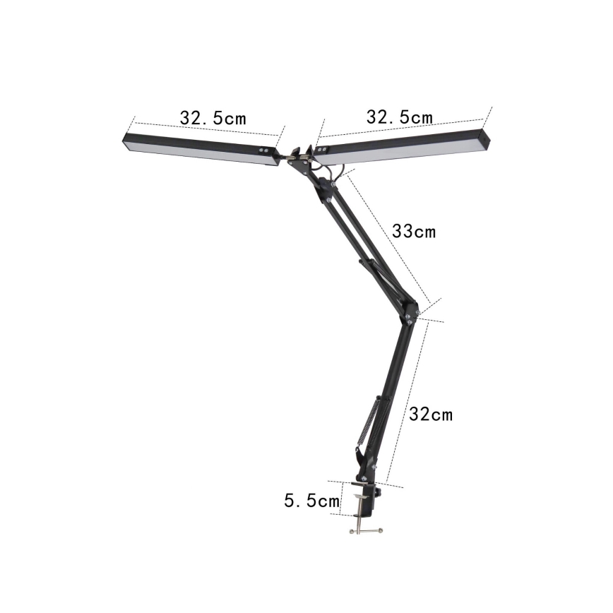 Stolná lampa s dvoma rovnobežnými ramenami svietidiel, dĺžky 32,5 cm, je pripevnená k nastaviteľnému ramenu s rozmermi 32 cm a 33 cm. Spodná časť je uchytená pomocou svorky s priemerom 5,5 cm.
