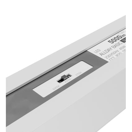 LED svietidlo Allday Basic 5000lm, 230V/50Hz, 40W, IP20, trieda energetickej účinnosti: A+, prepínač s nastavením farieb 6000k, 4000k, 2700k. Svietidlo leží na bielom pozadí.