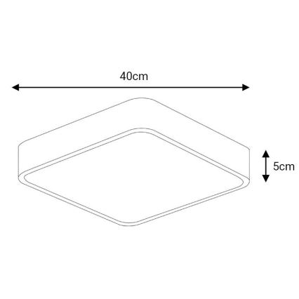 Nástenne svietidlo tvaru kosoštvorca s rozmermi 40cm x 5cm je zobrazené zhora. Svietidlo je znázornené schematicky, s vnútorným a vonkajším obdĺžnikovým rámom.