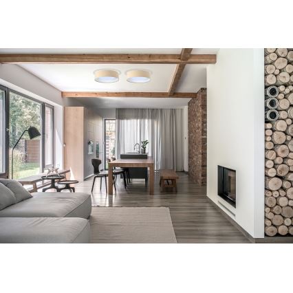 Dve stropné svietidlá svietia v obývacej izbe s jedálenským kútom a krbom. Svetlý interiér s drevenými prvkami.