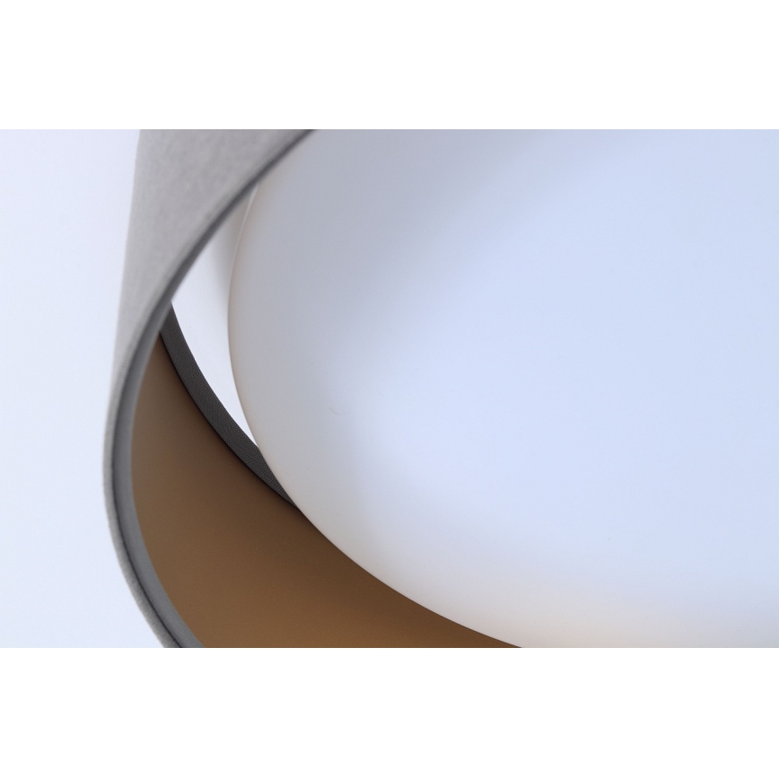 Svietidlo s dvojitým tienidlom. Vonkajšie tienidlo je sivé, vnútorné béžové. Obklopuje difúznu bielu guľu.