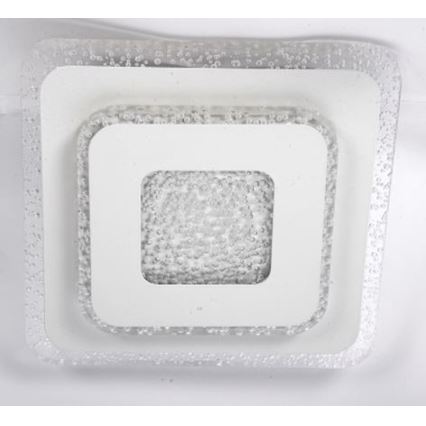 Štvorcové stropné svietidlo s vrstveným dizajnom zo skla s bublinkovou štruktúrou je umiestnené na bielom pozadí. Svietidlo má viacero vnoretých štvorcov, pričom vnútorný štvorcový prvok je z mliečneho skla.