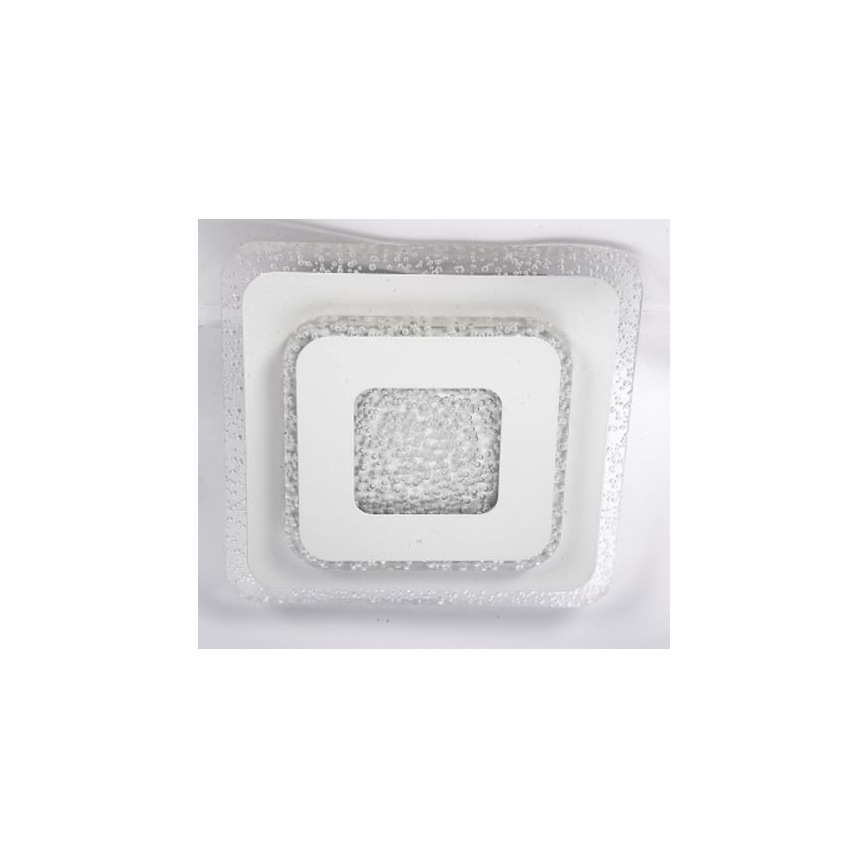 Štvorcové stropné svietidlo s vrstveným dizajnom zo skla s bublinkovou štruktúrou je umiestnené na bielom pozadí. Svietidlo má viacero vnoretých štvorcov, pričom vnútorný štvorcový prvok je z mliečneho skla.